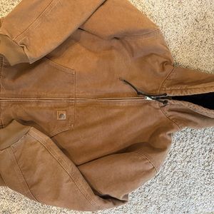 Men’s quilted, hooded Carhartt jacket, “Carhartt brown” color, size medium